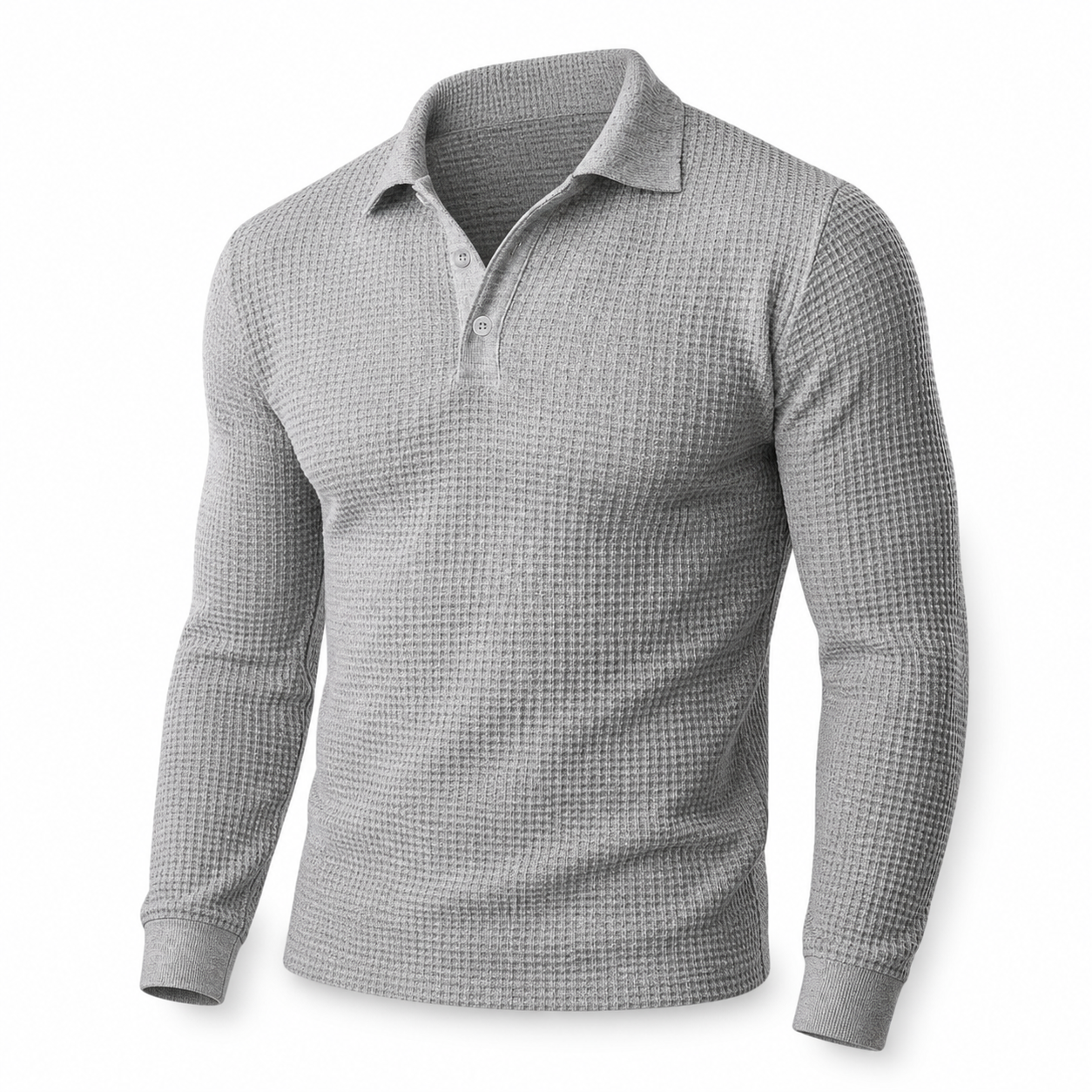 Men's gray textured long-sleeve polo sweater, ghost mannequin on white