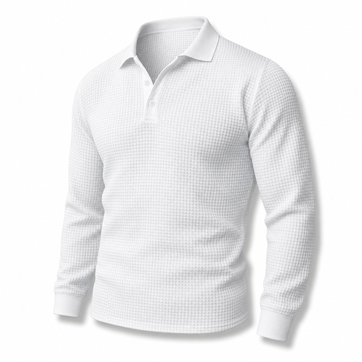 Men's white textured long-sleeve polo sweater, ghost mannequin on white