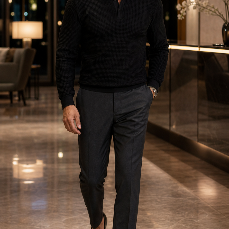 Men's black textured polo sweater styled in a hotel lobby