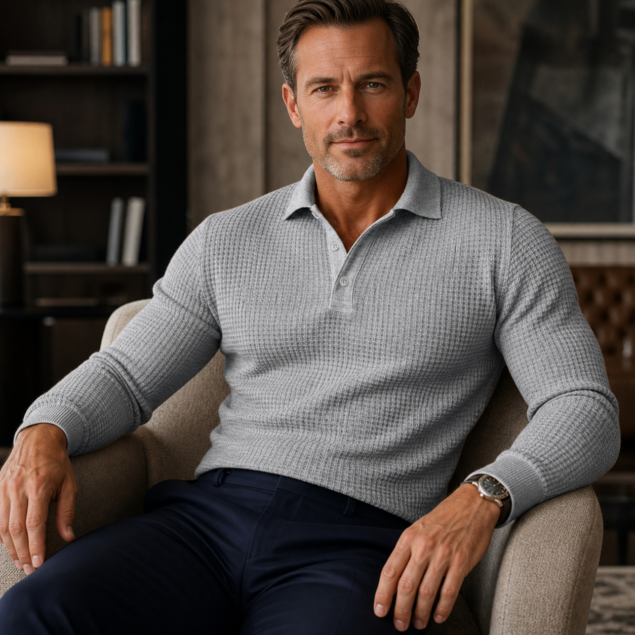 Men's gray textured polo sweater styled in a lounge