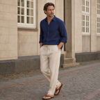 Men's light khaki drawstring trousers styled in Copenhagen