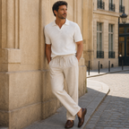 Men's light khaki drawstring trousers styled in Paris