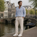 Men's light khaki drawstring trousers styled in Amsterdam