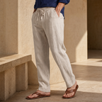 Light khaki cotton-linen trousers editorial detail