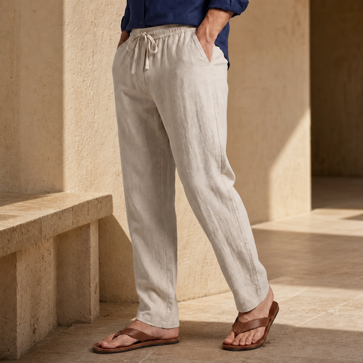 Light khaki cotton-linen trousers editorial detail