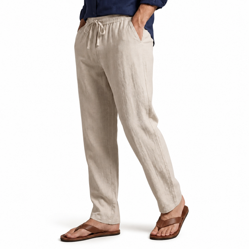 Men's light khaki cotton-linen drawstring trousers, diagonal hero view