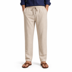 Men's light khaki cotton-linen drawstring trousers, front view