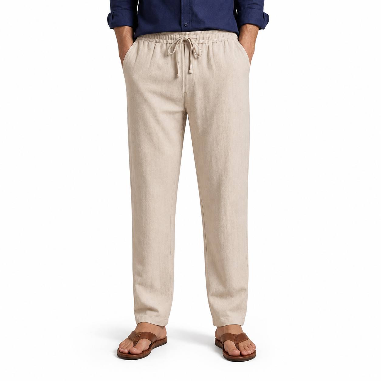 Men's light khaki cotton-linen drawstring trousers, front view