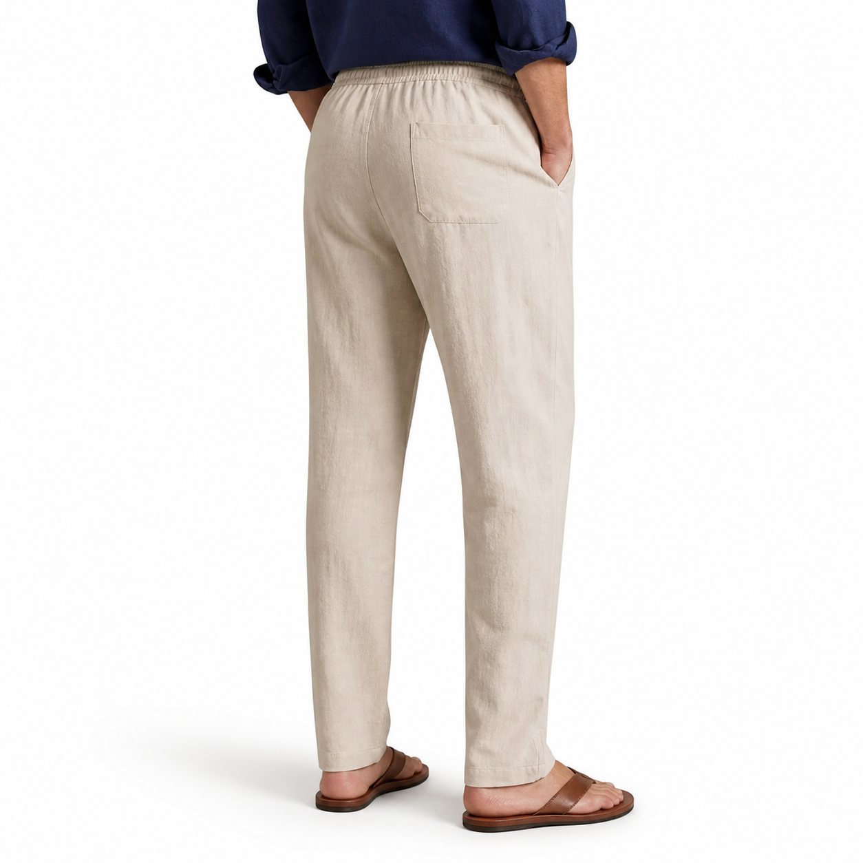 Men's light khaki cotton-linen drawstring trousers, rear view