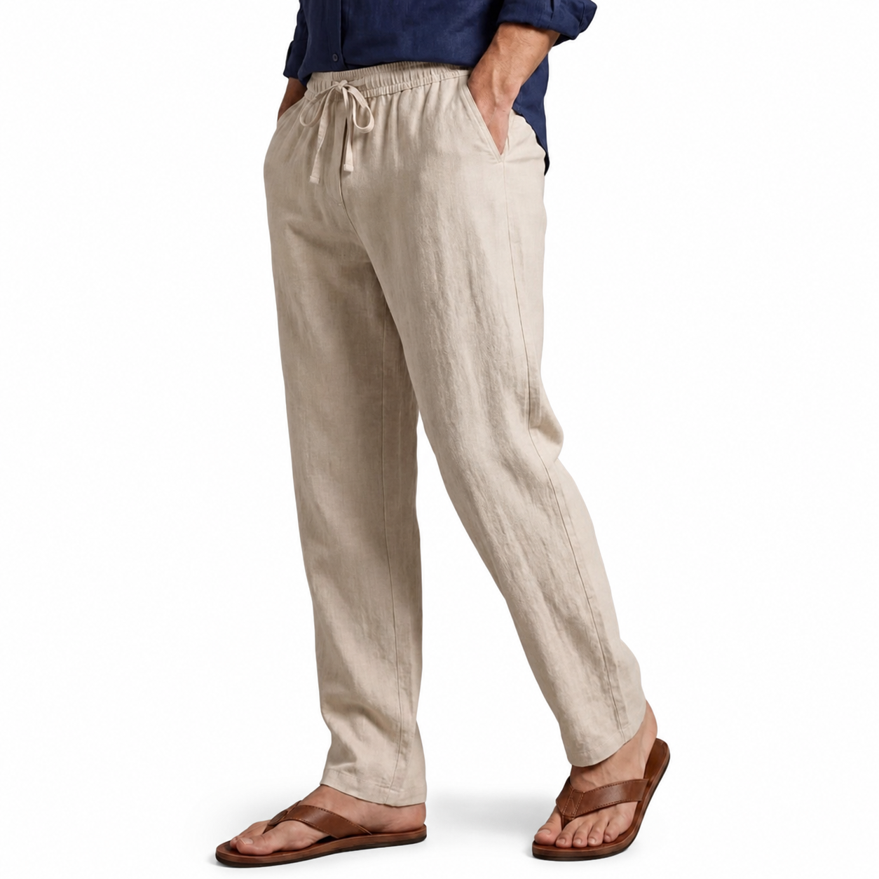 Men's light khaki cotton-linen drawstring trousers, waistband detail