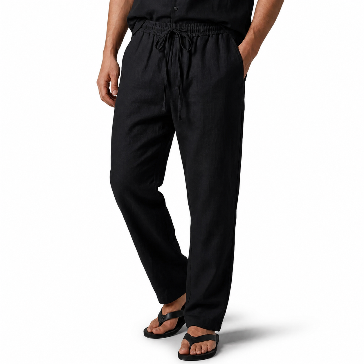 Black cotton-linen drawstring trousers