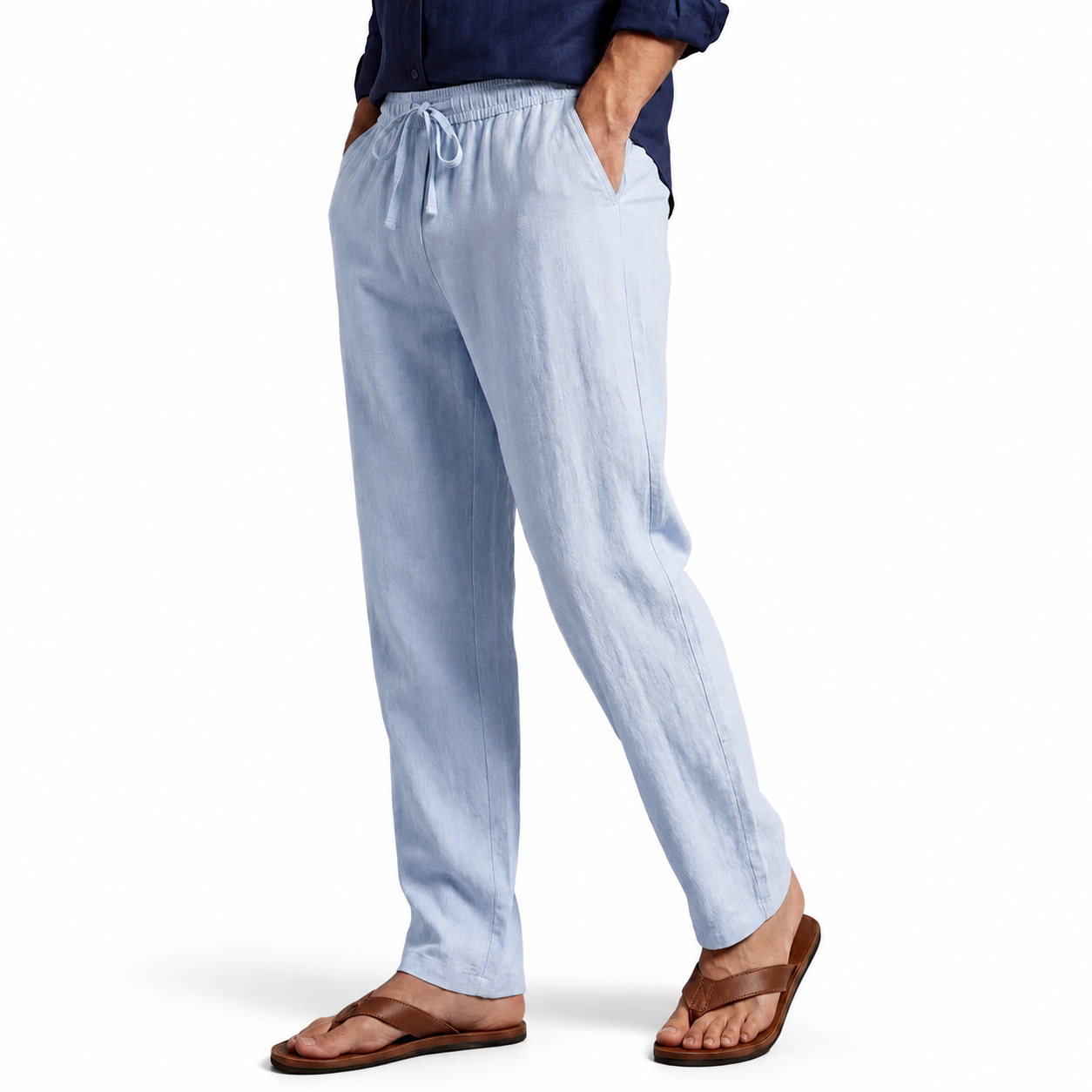Sky Blue cotton-linen drawstring trousers