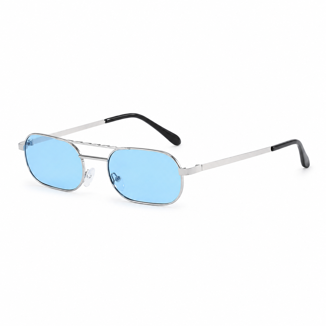 ZURICH silver frame blue lens sunglasses angle view