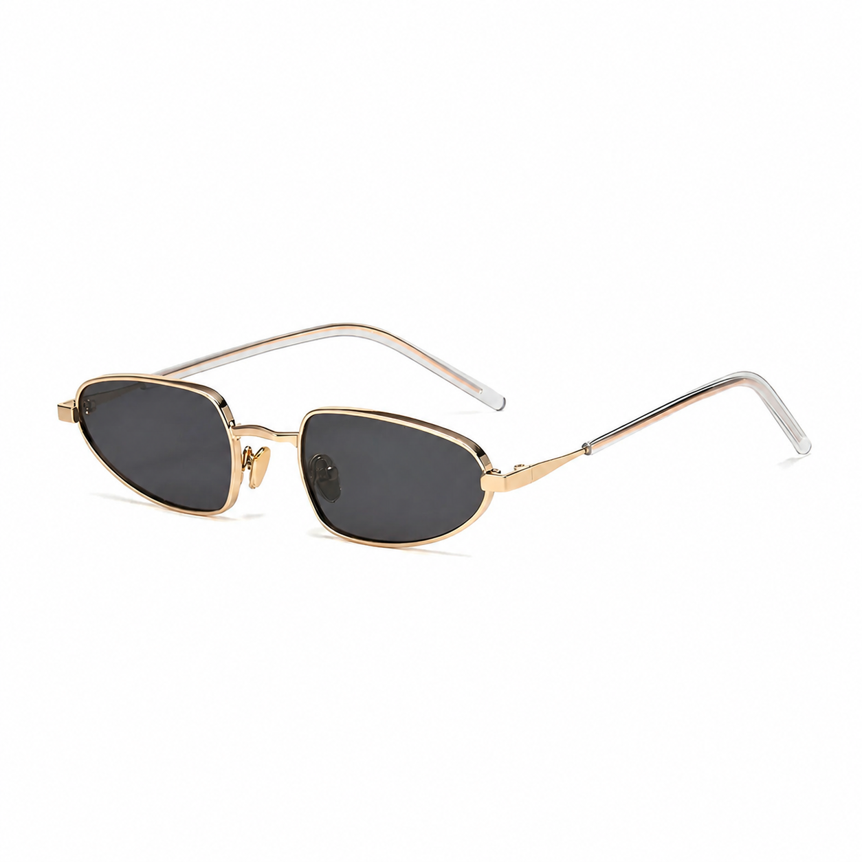 MARBELLA narrow oval sunglasses, gold frame and black lens, diagonal view