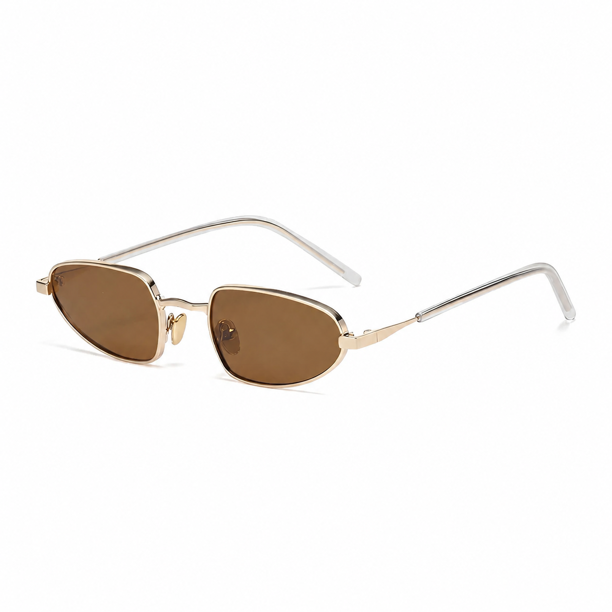 MARBELLA narrow oval sunglasses, gold frame and brown lens, diagonal view