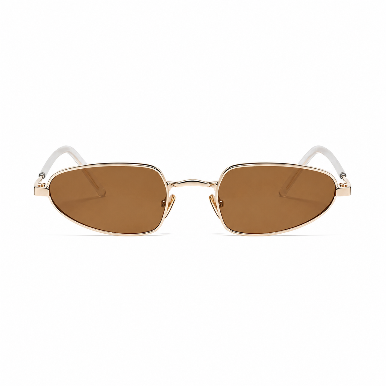 MARBELLA narrow oval sunglasses, gold frame and brown lens, front view