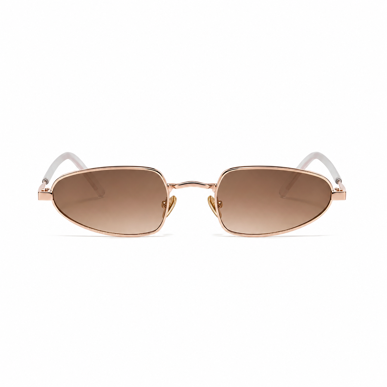 MARBELLA narrow oval sunglasses, rose gold frame and brown lens, front view