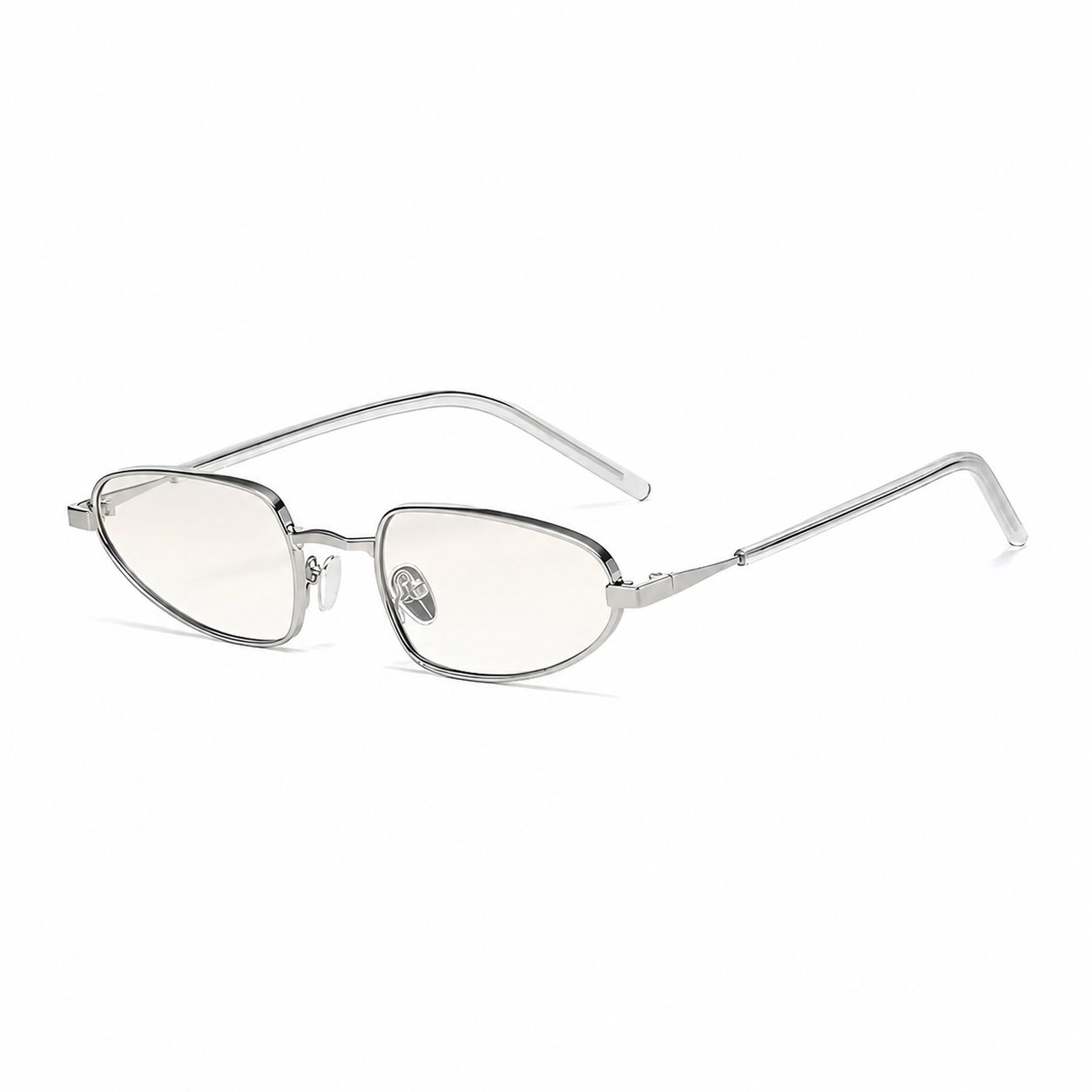 MARBELLA narrow oval sunglasses, silver frame and clear lens, diagonal view