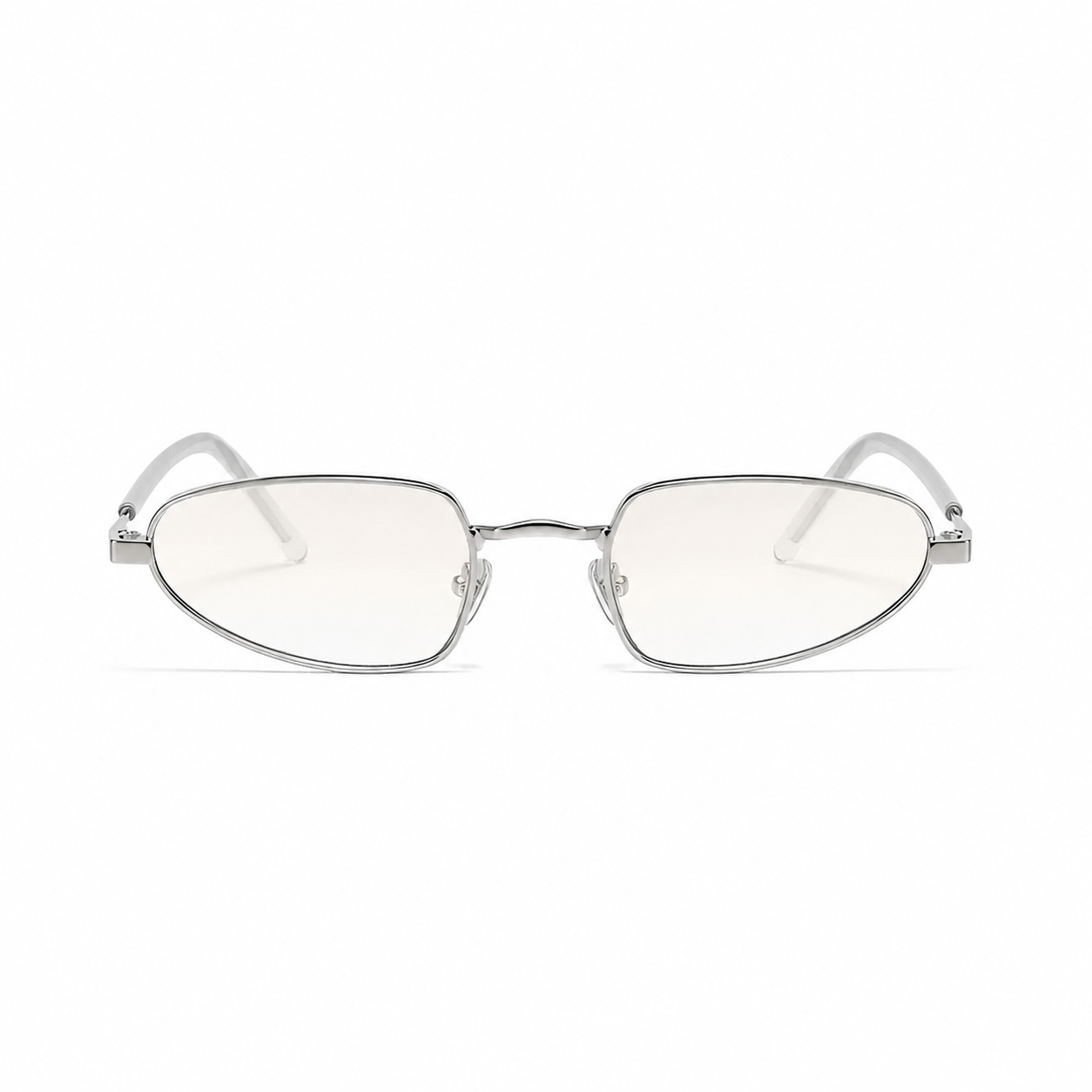 MARBELLA narrow oval sunglasses, silver frame and clear lens, front view