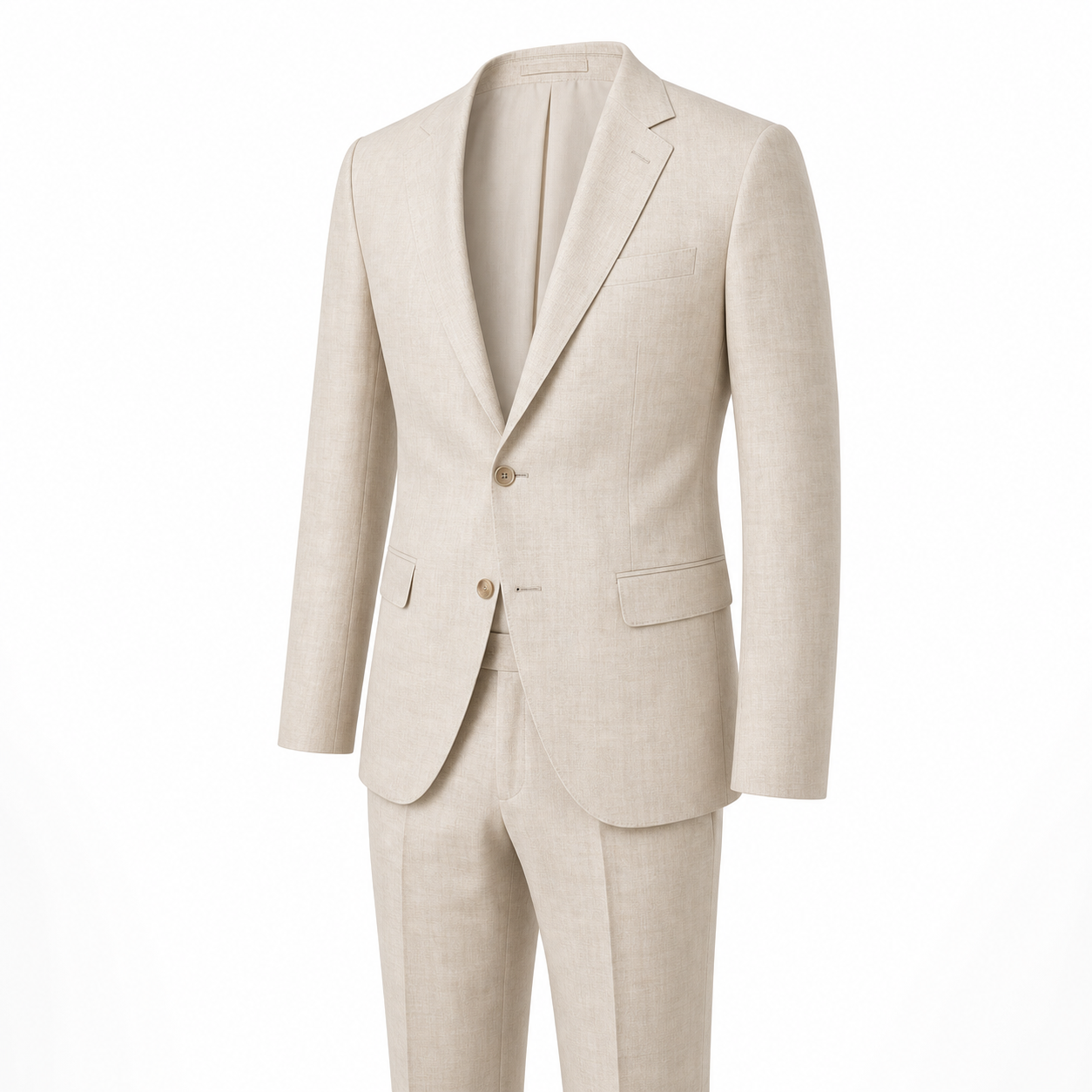 Men's beige linen-blend suit, ghost mannequin detail view