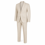 Men's beige linen-blend suit, ghost mannequin front three-quarter view