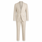 Men's beige linen-blend suit, ghost mannequin front view