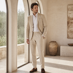 Men wearing beige linen-blend suit beside arched windows