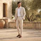 Men wearing beige linen-blend suit at a Mediterranean villa