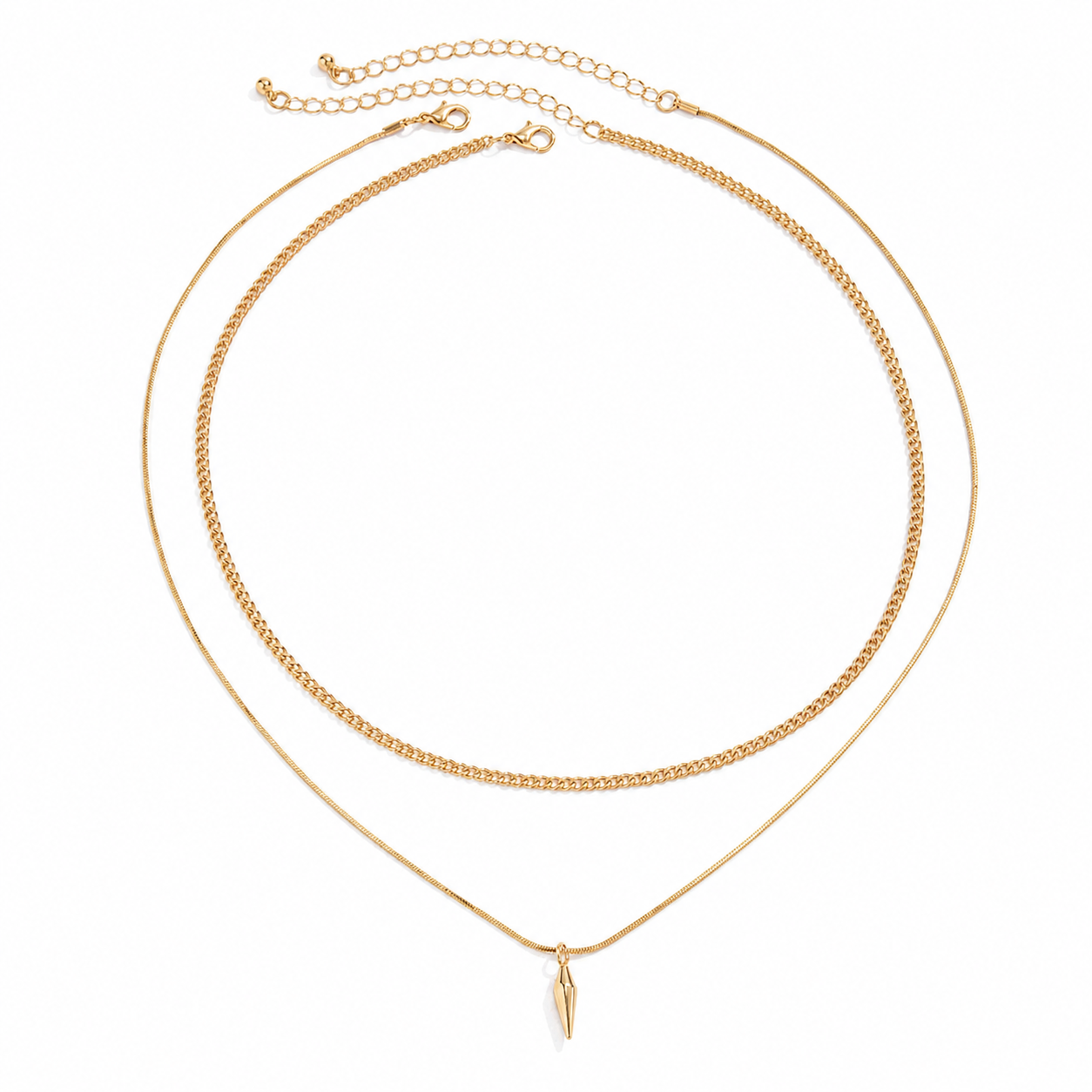 Men's layered gold curb and spike pendant necklace set