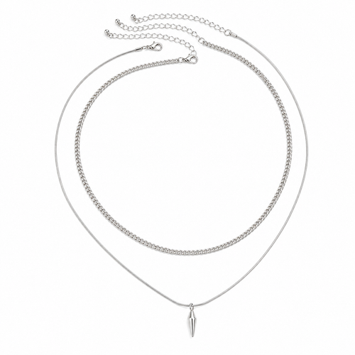 Men's layered silver curb and spike pendant necklace set, diagonal product view