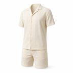 Men's beige textured camp shirt and shorts set, ghost mannequin front view