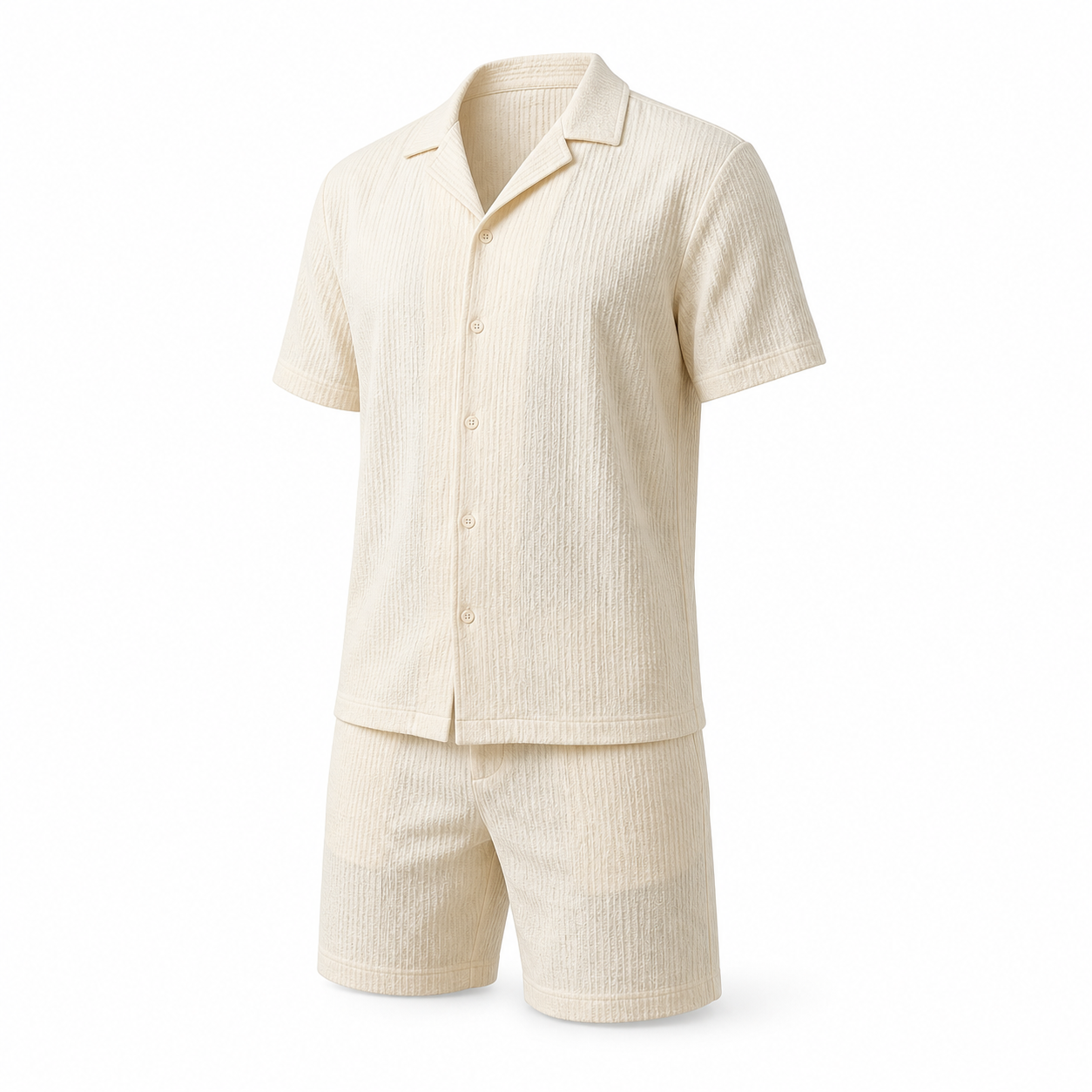 Men's beige textured camp shirt and shorts set, ghost mannequin front view