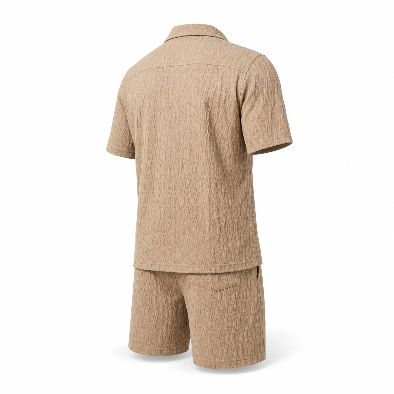 Men's light brown textured camp shirt and shorts set, ghost mannequin back view