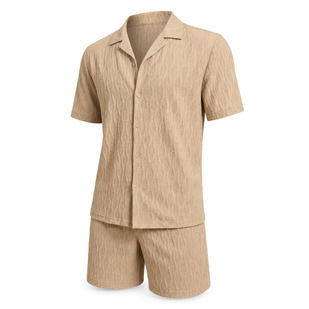 Men's light brown textured camp shirt and shorts set, ghost mannequin front view