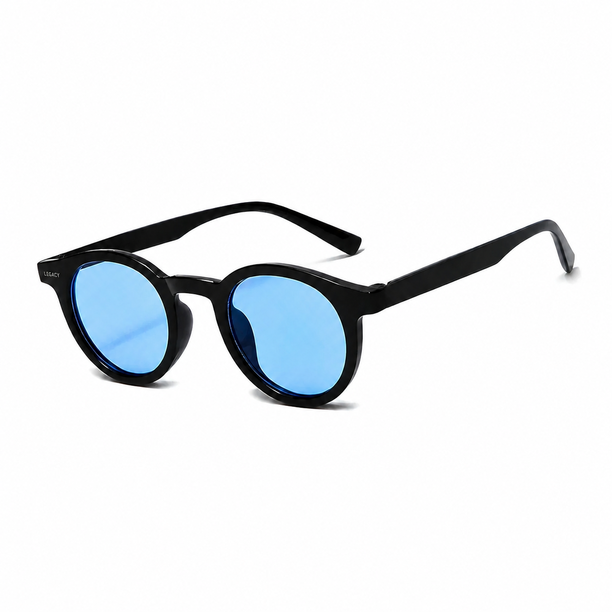 PALMA polarized round sunglasses, black frame with blue lens, diagonal view on pure white