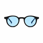 PALMA polarized round sunglasses, black frame with blue lens, front view on pure white