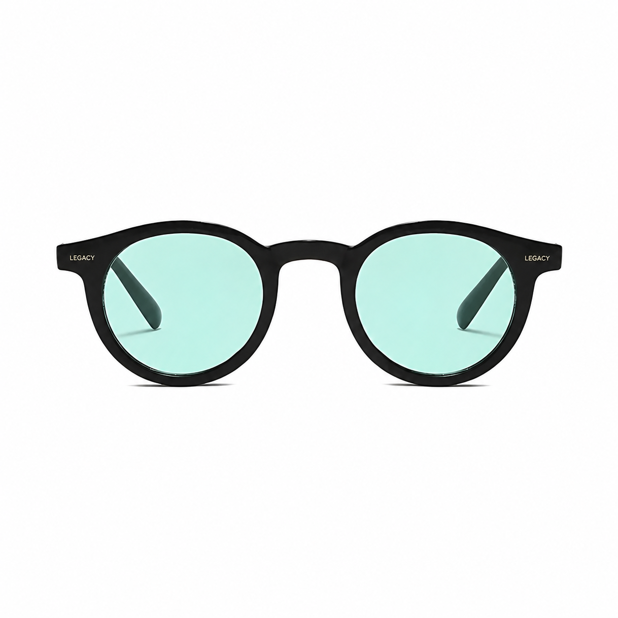 PALMA polarized round sunglasses, black frame with green lens, front view on pure white