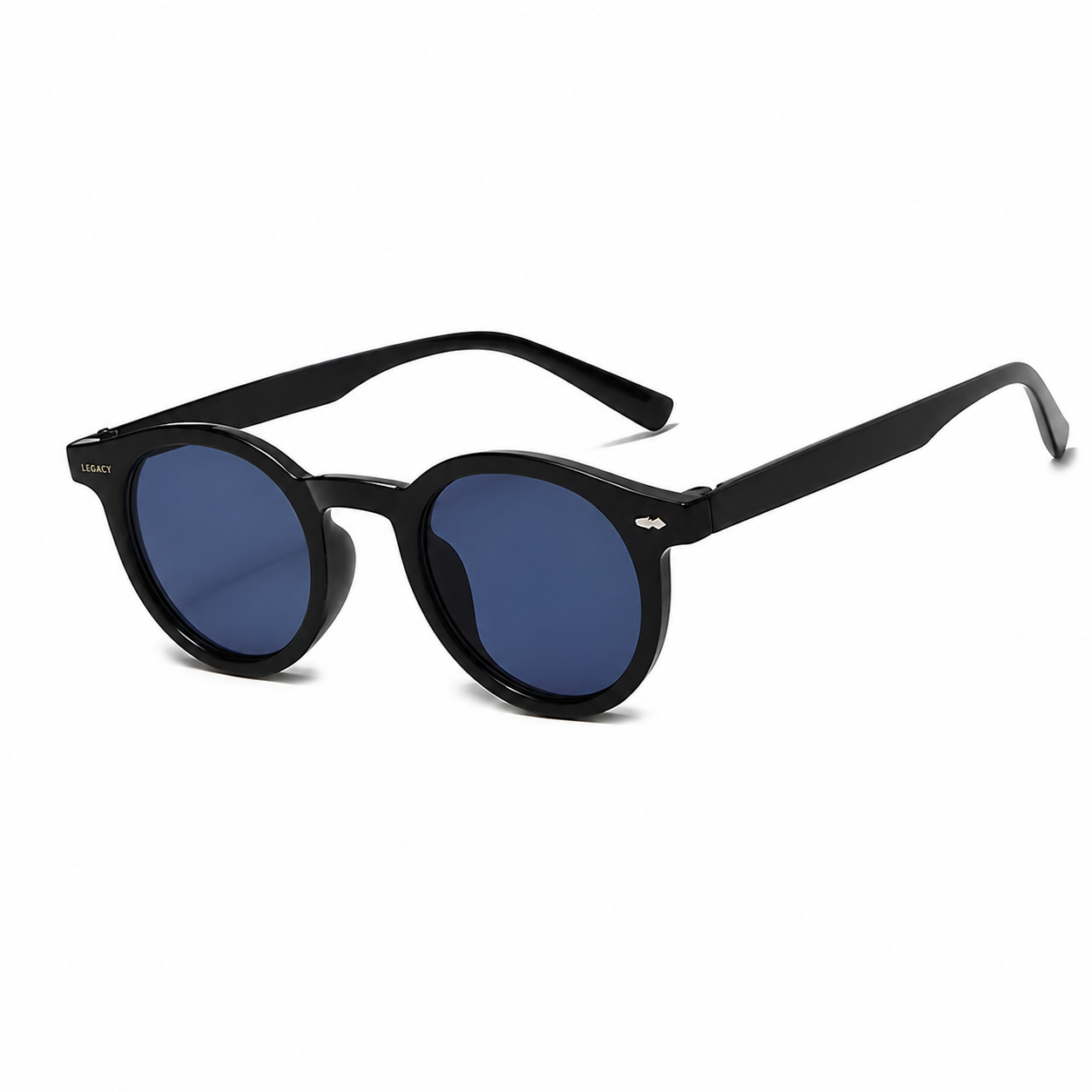 PALMA polarized round sunglasses, black frame with navy lens, diagonal view on pure white