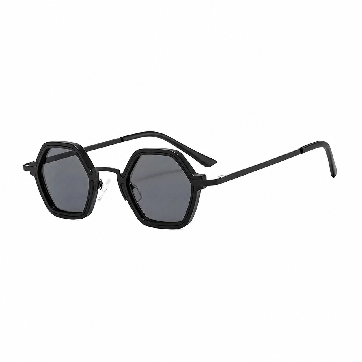 SEOUL polarized hexagonal sunglasses, black frame and black lens, diagonal view