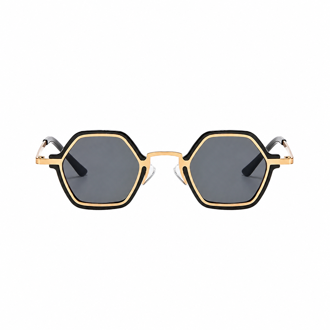 SEOUL polarized hexagonal sunglasses, black frame and gold lens, front view