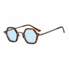 SEOUL polarized hexagonal sunglasses, Havana frame and ice blue lens, diagonal view