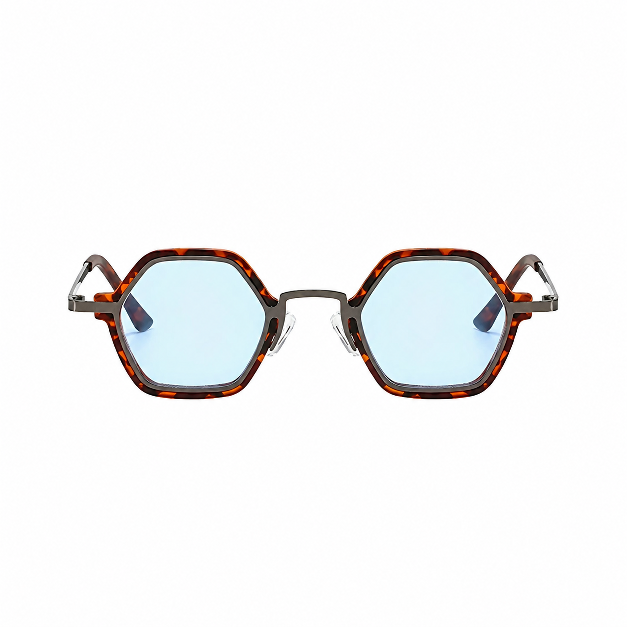 SEOUL polarized hexagonal sunglasses, Havana frame and ice blue lens, front view