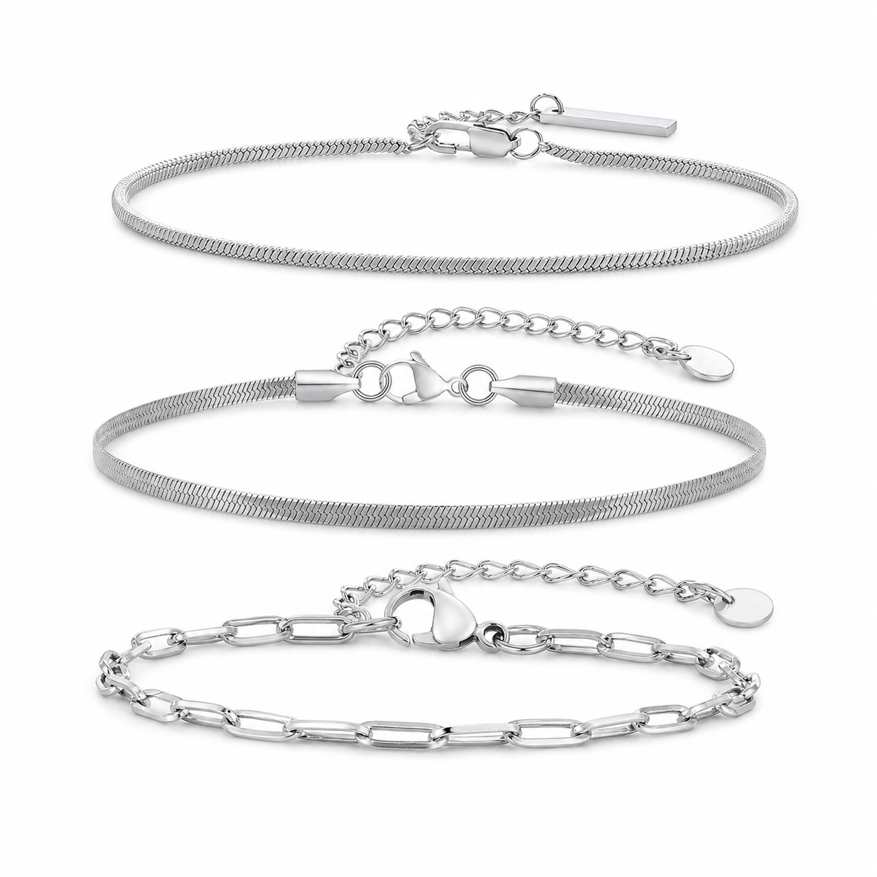 Three silver stainless steel bracelets with lobster clasps and extension chains