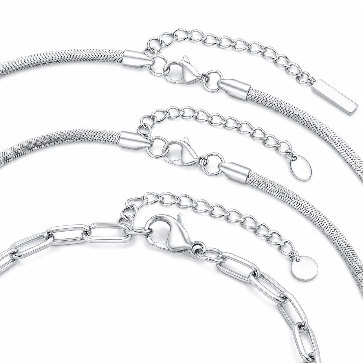 Three silver stainless steel bracelet chain textures