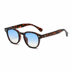 TULUM tortoise frame light blue lens sunglasses three-quarter view