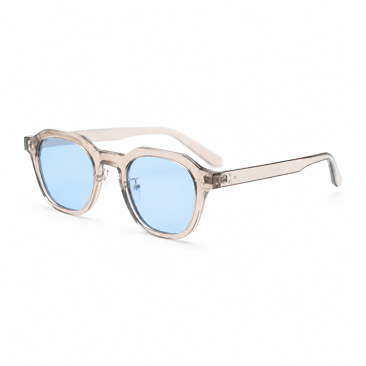 VALENCIA champagne frame blue lens sunglasses diagonal view